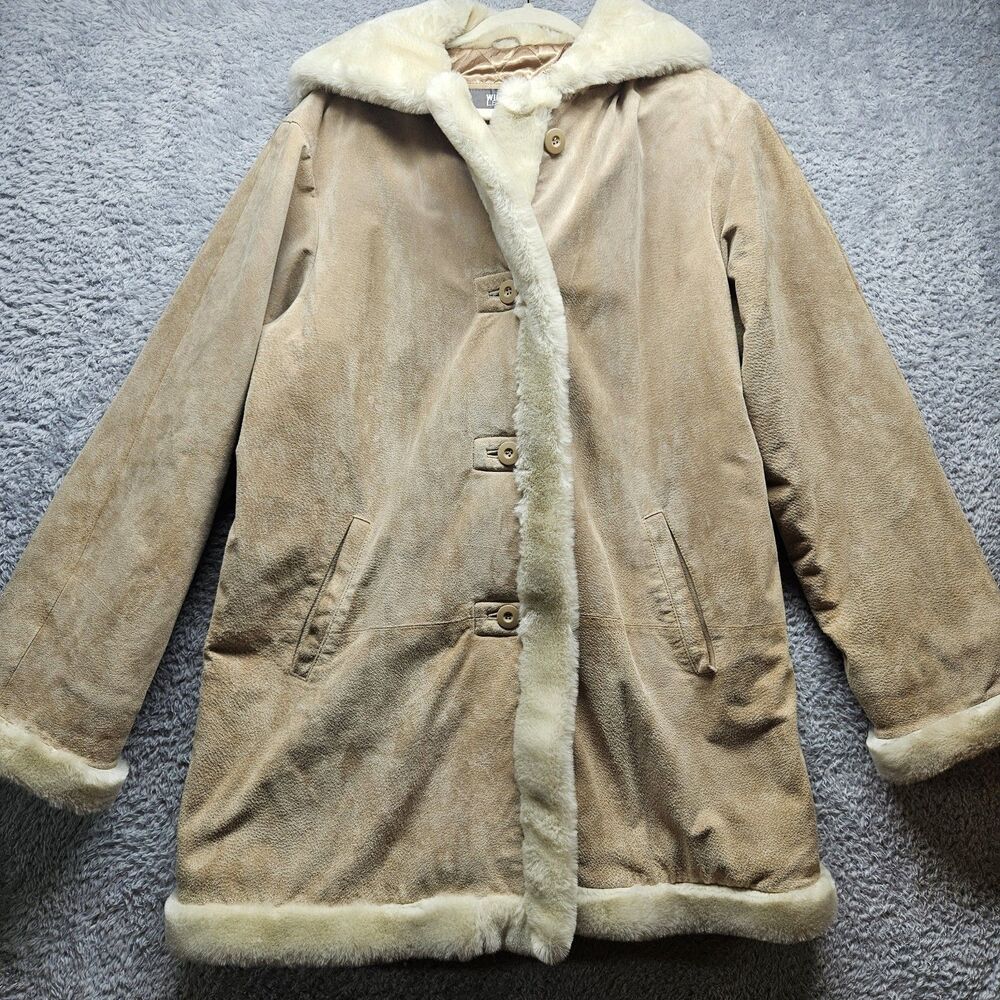 Wilsons Leather Womens Tan Fur Trim Jacket Size XL Hooded Y2K Casual Neutral